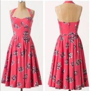 Anthropologie Pink Floral Fit and Flare Dress